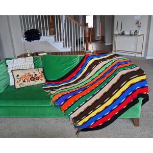 vintage 70s RAINBOW STRIPED Fringe Trim AFGHAN knit handmade blanket colorful